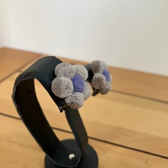 Indigenous Hand Crafted Moose Hair Tufted Gray and Purple Pom Flower Earrings - Picture 5 of 6